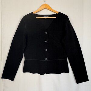 Vintage Anne Klein II Black Felted Wool V Neck Peplum Cardigan Blazer Size Large